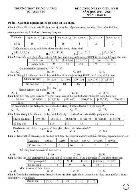 Đề cương giữa kỳ 2 Toán 11 năm 2024 – 2025 trường THPT Trưng Vương – Bình Định (bản Word)
